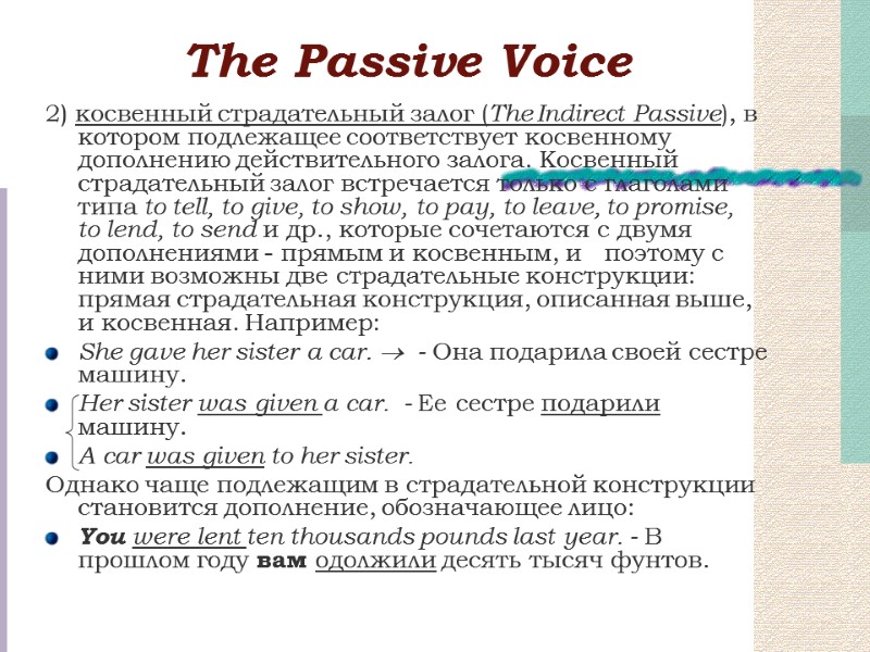 Тhe Passive Voice 2) косвенный страдательный залог (The Indirect Passive), в котором подлежащее соответствует